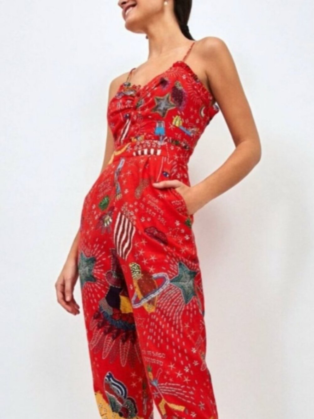 FARM RIO RED CARNIVAL PRINT JUMPSUIT ROMPER WITH POCKETS EUC XL BRAZIL TROPCAL